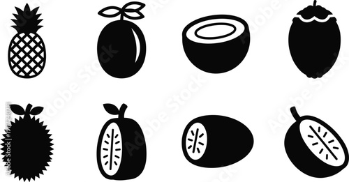 Tropical fruit silhouette vector set with pineapple coconut mangosteen durian and kiwi icons isolated on white background