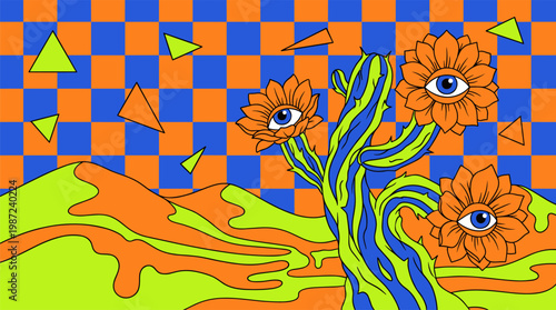 Desert Cactus With Eye Flowers And Melting Sand Dunes Pop Surrealism Flat Illustration With Bold Outlines