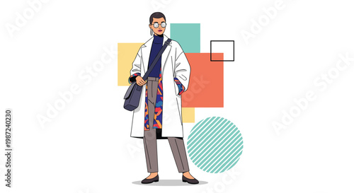 Stylish and fashionable woman wearing a long white coat, glasses, and a crossbody bag standing in front of abstract geometric shapes.
