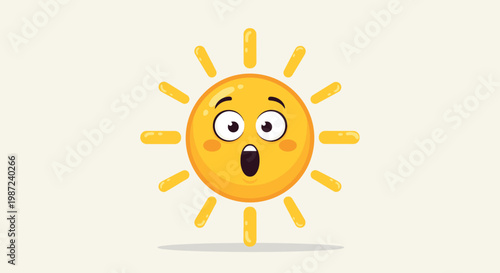 Cute surprised sun character with a shocked facial expression and wide eyes isolated on an off-white background illustration.