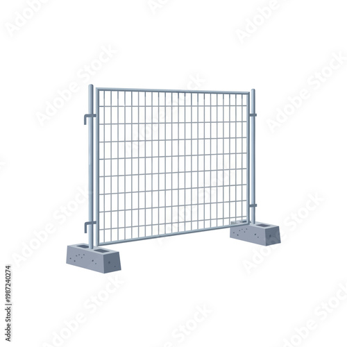 Heavy-duty temporary metal barricade fence with concrete base supports for construction zones