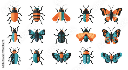 Collection of colorful insect illustrations featuring various beetles and butterflies in a flat design style on a white background.