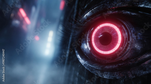 A close-up view of an ominous eye glowing red, creating a sense of warning and tension. The eye’s mechanical features hint at advanced technology and artificial intelligence