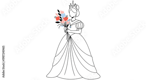 Elegant illustration of a faceless princess or queen in a long gown holding a colorful bouquet of flowers on a white background.