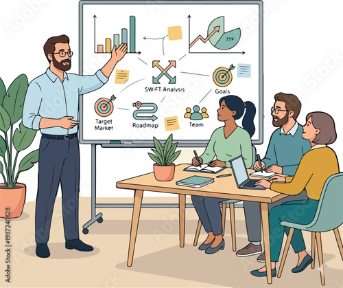 Creative professional presenting new ideas on white board