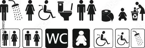 WC icon set. Toilet, restroom, man and woman, bathroom, disabled, dumpster, toilet paper, infant