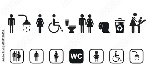 WC icon set. Toilet, restroom, man and woman, bathroom, disabled, dumpster, toilet paper, infant