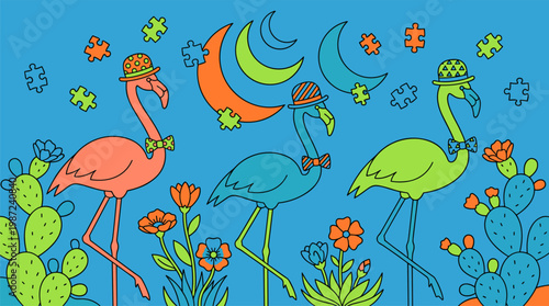 Flamingos In Bowler Hats In Geometric Cactus Garden With Puzzle Pieces Pop Surrealism Flat Illustration With Bold Outlines