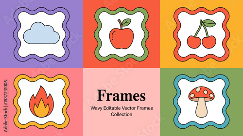 A vibrant collection of six colorful wavy framed icons depicting a cloud apple cherries flame mushroom and text high quality professional detailed modern elegant stylish clean