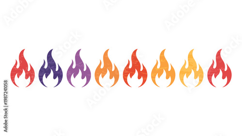A row of stylized flame illustrations in varying colors including red orange purple and yellow against a white background high quality professional detailed modern elegant stylish
