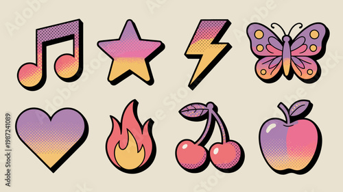 A vibrant collection of pop art icons displays a musical note star lightning bolt butterfly heart flame cherries and apple high quality professional detailed modern elegant