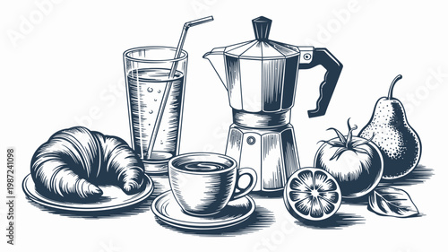 A vintage style still life depicts a breakfast arrangement including coffee a croissant pear tomato and citrus high quality professional detailed modern elegant stylish clean crisp