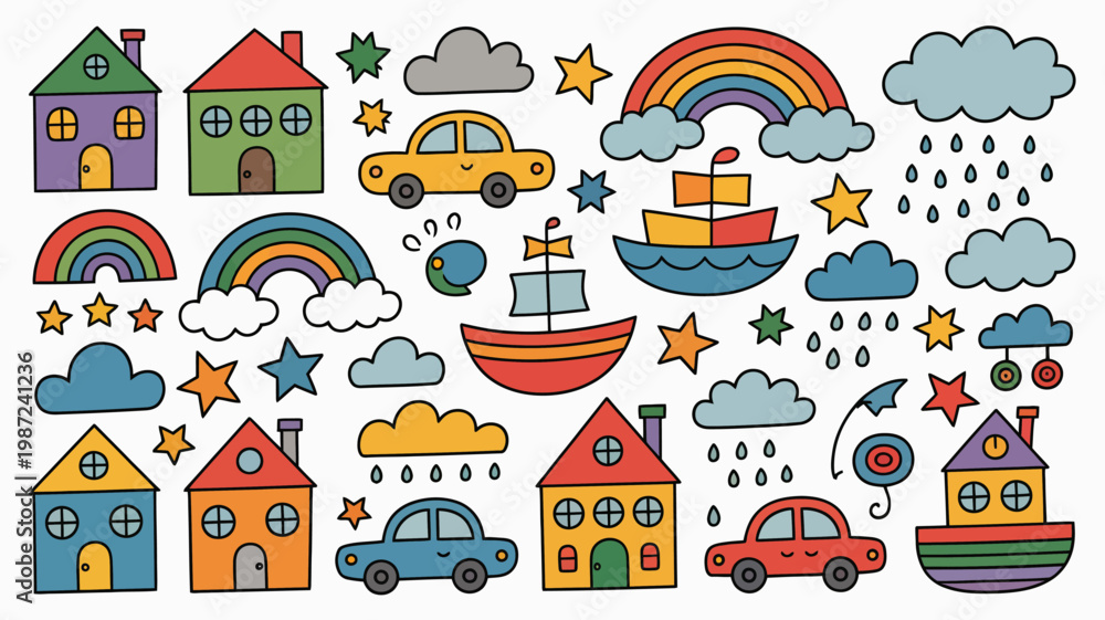 Fototapeta premium A cheerful doodle collection features colorful houses cars a boat rainbows stars and clouds creating a whimsical and playful scene high quality professional detailed modern elegant