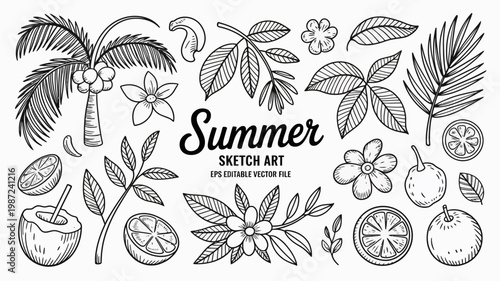 A black and white illustration displays various tropical plants fruits and flowers arranged around the handwritten word summer high quality professional detailed modern elegant stylish clean