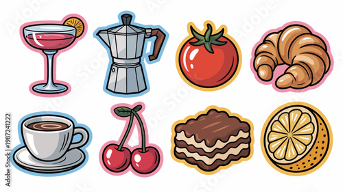 A colorful collection of illustrated food and drink items including coffee pastries fruit and a cocktail arranged on a white background high quality professional detailed modern