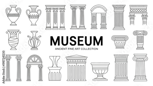 A collection of linear illustrations depicting ancient greek and roman architectural elements including columns vases and arches high quality professional detailed modern elegant stylish clean crisp