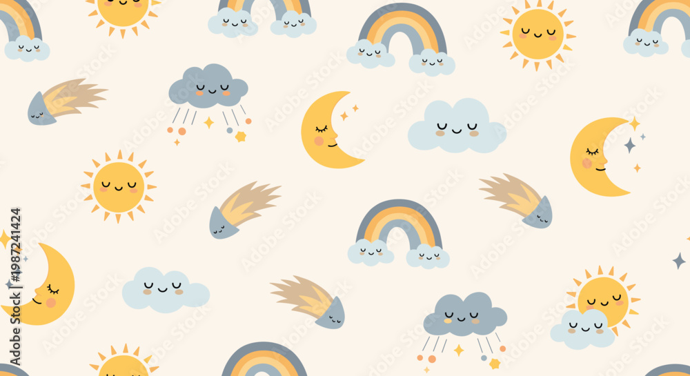 Fototapeta premium Cute celestial seamless pattern for kids featuring sleeping suns moons rainbows clouds and shooting stars on a cream background.