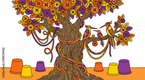 Button Tree with Thread Vines and Birds Pop Surrealism Flat Illustration with Bold Outlines