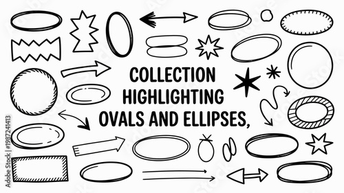 A hand drawn collection of various black and white shapes including ovals ellipses stars arrows and zigzags with text overlay high quality professional detailed modern elegant