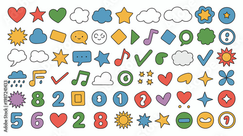 A colorful collection of hand drawn icons and doodles features hearts stars clouds musical notes and various geometric shapes high quality professional detailed modern elegant stylish