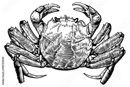 Vintage black ink drawing of a large crab with detailed shell textures and sharp pincers. Classic woodcut style marine life illustration, perfect for seafood menus, nautical themes, and coastal decor.