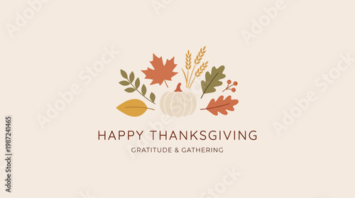 Happy thanksgiving flat vector art with pumpkin, autumn leaves, and wheat on a warm beige background.