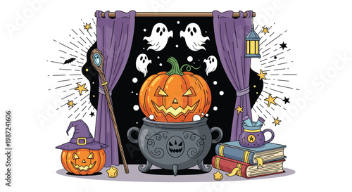 Spooky halloween scene featuring carved pumpkins a bubbling cauldron flying ghosts ancient books and magic accessories against a dark backdrop.