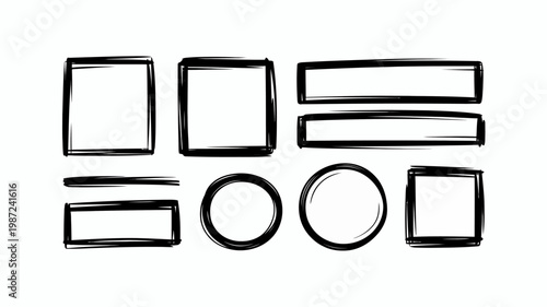 This image displays a collection of hand drawn black shapes including rectangles squares and circles all with rough sketched edges high quality professional detailed modern elegant