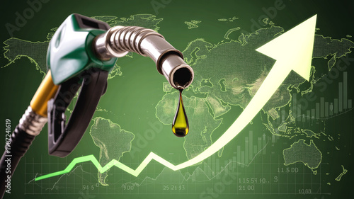 Fuel nozzle dripping oil with upward arrow and global chart on world map