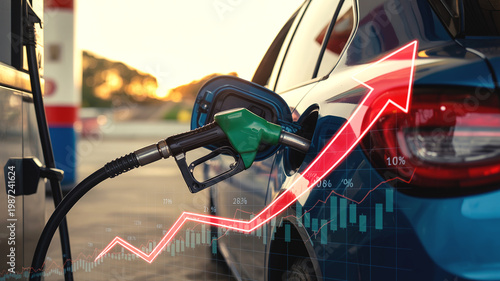 Fuel pump nozzle refueling car with rising price chart and arrow overlay