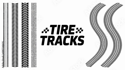 A graphic displays various tire tread patterns alongside bold text reading tire tracks showcasing automotive wheel designs high quality professional detailed modern elegant stylish clean crisp