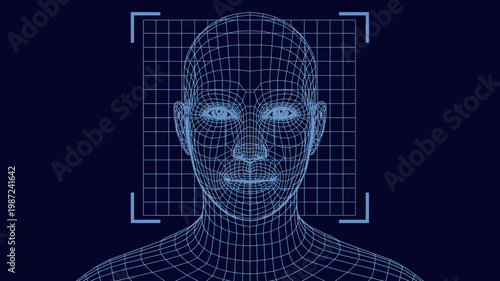 A blue wireframe rendering of a human face is centered within a grid suggesting facial recognition technology or digital modeling high quality professional detailed modern elegant