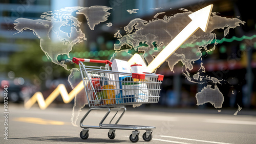 Shopping cart with groceries and rising global chart over world map background, Concept of inflation, consumer prices and economic growth