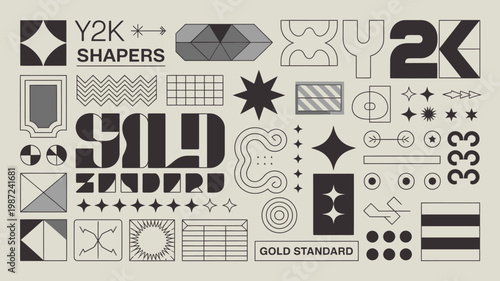 An abstract collage features geometric shapes bold typography reading y2k shapers and gold standard and varying line patterns on a beige background high quality professional detailed