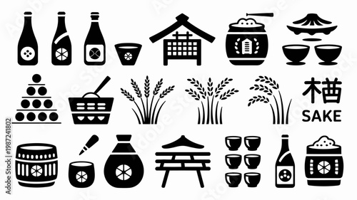 A collection of black silhouette icons representing traditional japanese food sake and cultural elements like temples and rice high quality professional detailed modern elegant stylish clean