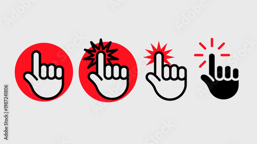 A sequence of hand icons depicts a clicking action intensifying with each step culminating in a black silhouette high quality professional detailed modern elegant stylish clean