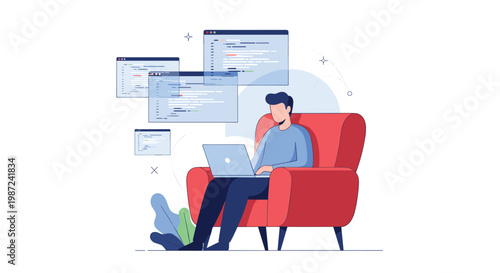 Male software developer sitting in a red armchair and working on a laptop with floating coding windows representing digital programming.