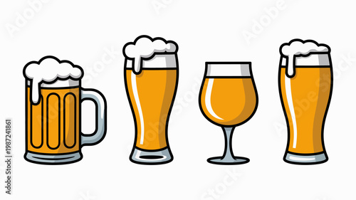 An illustration depicts four various glasses filled with golden colored beer showcasing different shapes and sizes for beverage enjoyment high quality professional detailed modern elegant stylish