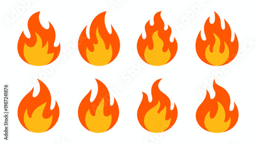 A collection of eight vibrant flame icons is displayed against a stark white background illustrating the concept of fire and heat high quality professional detailed modern