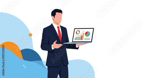 Businessman in a professional suit holding a laptop displaying various colorful data charts and analytical graphs for a presentation.