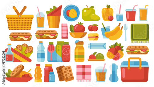 A colorful flat lay illustration showcases a variety of picnic foods including sandwiches fruits drinks and containers arranged neatly together high quality professional detailed modern elegant