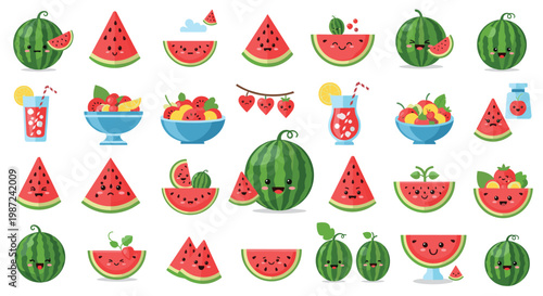 Extensive collection of cute watermelon characters and food items featuring whole fruits slices juices and bowls with funny faces.