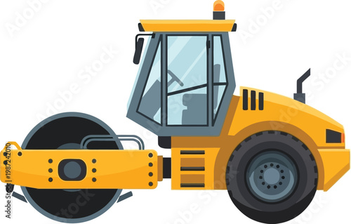 Yellow steamroller compactor machine vector illustration with building
