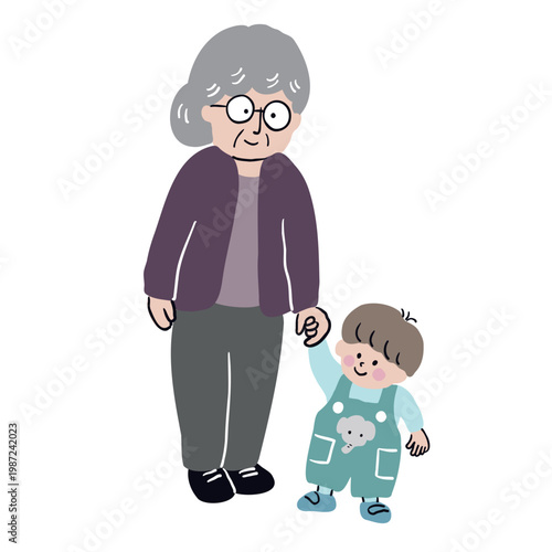 おばあさんと小さい男の子が手を繋いて立っている2