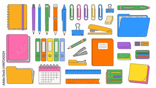 A colorful arrangement of common office and school supplies is displayed including notebooks pens pencils and various organizational tools high quality professional detailed modern elegant stylish