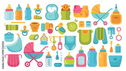 A colorful collection of baby items is displayed including bottles pacifiers clothing and a stroller arranged in a playful pattern high quality professional detailed modern elegant