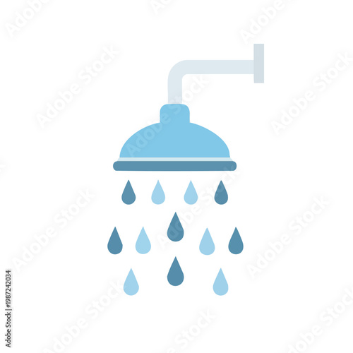 Shower head, blue shower, water droplets, bathroom icon