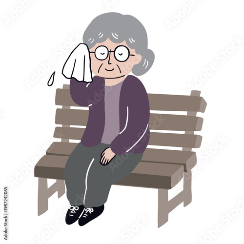 おばあさんがベンチにすわって汗を拭いて休んでいる2