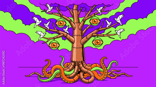 Mechanical Tree with Eye Fruit and Tentacle Roots Pop Surrealism Flat Illustration with Bold Outlines