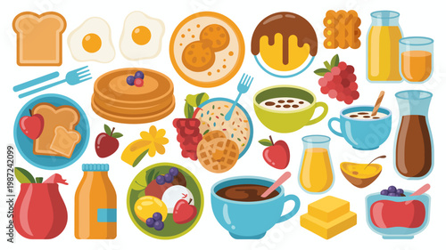 A colorful flat lay illustration showcases a delightful breakfast spread including pancakes eggs toast fruit and various beverages high quality professional detailed modern elegant stylish clean